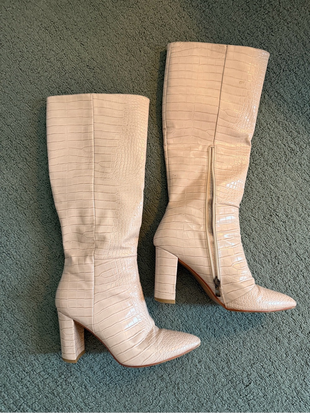 Croc-Embossed Knee-High Block Heel Boots in Light Beige